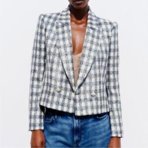 Zara Blue Check Tweed Cropped Blazer